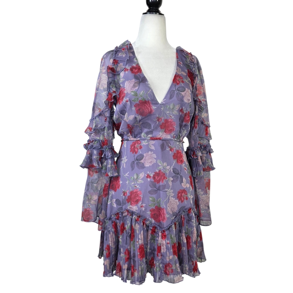 La Maison Talulah deep V neck  pleated  Floral Long Sleeve Dress